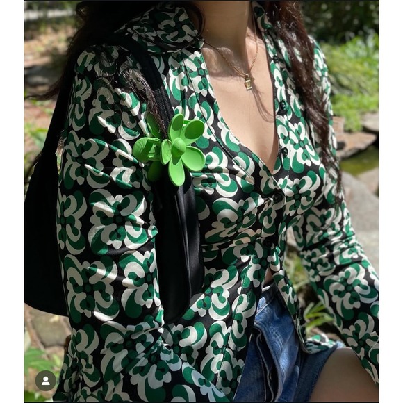 Philosophy Womens Green Geometric Button Up Blouse L Artsy Retro - Picture 1 of 8